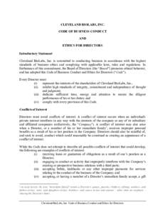 CLEVELAND BIOLABS, INC. CODE OF BUSINESS CONDUCT AND ETHICS FOR DIRECTORS Introductory Statement Cleveland BioLabs, Inc. is committed to conducting business in accordance with the highest