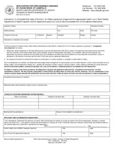APPLICATION FOR OPEN BURNING VARIANCE OF CLEAN WOOD AT LANDFILLS NORTH DAKOTA DEPARTMENT OF HEALTH DIVISION OF WASTE MANAGEMENT  Telephone: [removed]