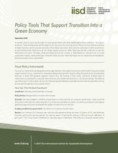 Policy Tools That Support Transition Into a Green Economy September 2013 A number of policy tools are available to assist governments and other stakeholders pursue transition into a green economy. These briefing notes se