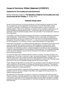 House of Commons: Written Statement (HCWS161) Department for Communities and Local Government Written Statement made by: The Secretary of State for Communities and Local Government (Mr Eric Pickles) on 18 DecSusta