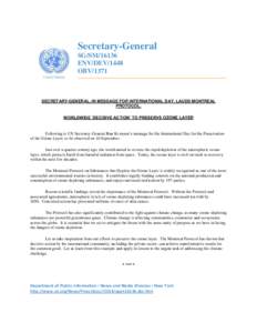 Secretary-General SG/SMENV/DEV/1448 OBVSECRETARY-GENERAL, IN MESSAGE FOR INTERNATIONAL DAY, LAUDS MONTREAL