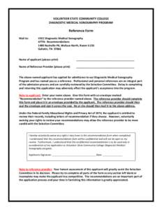 VOLUNTEER STATE COMMUNITY COLLEGE DIAGNOSTIC MEDICAL SONOGRAPHY PROGRAM Reference Form Mail to: