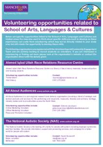 Volunteering opportunities related to School of Arts, Languages & Cultures Below are specific opportunities linked to the School of Arts, Languages and Cultures and related areas.You may also want to think about specific