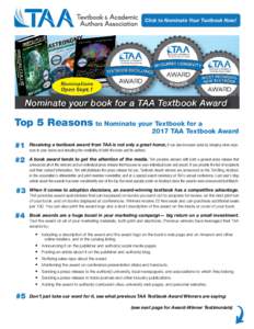 Click to Nominate Your Textbook Now!  Top 5 Reasons to Nominate your Textbook for a 2017 TAA Textbook Award