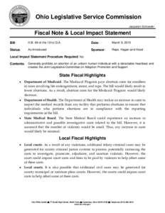 Ohio Legislative Service Commission Jacquelyn Schroeder Fiscal Note & Local Impact Statement Bill: