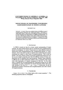 CONTRIBUTIONS TO GENERAL ALGEBRA 12 Pro
eedings of the Vienna Conferen
e, June 3{6, 1999 Verlag Johannes Heyn, Klagenfurt 2000 IMPLICATIONS OF PROPERTIES CONCERNING COMPLEMENTATION IN FINITE LATTICES