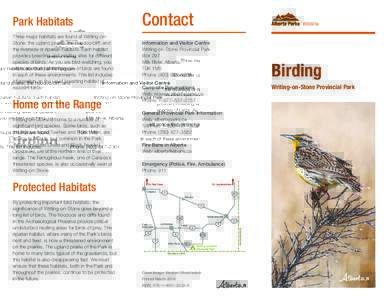Park Habitats Three major habitats are found at Writing-onStone: the upland prairie; the hoodoo/cliff; and the riverside or riparian habitats. Each habitat provides breeding and nesting sites for different species of bir