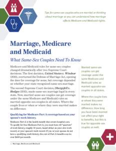 Tips for same-sex couples who are married or thinking about marriage so you can understand how marriage affects Medicare and Medicaid rights. Marriage, Medicare and Medicaid
