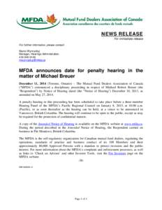 MFDA News Release- MFDA announces date for penalty hearing in the matter of Michael Breuer