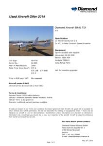 Used Aircraft Offer[removed]Diamond Aircraft DA42 TDI IFR  Specification