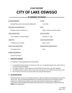 STAFF REPORT  CITY OF LAKE OSWEGO ______________ PLANNING DIVISION ______________ APPLICANT/OWNER: