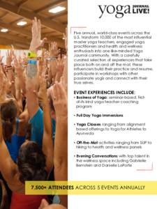 Five annual, world-class events across the U.S. transform 10,000 of the most influential master yoga teachers, engaged yoga practitioners and health and wellness enthusiasts into one like-minded Yoga Journal community. 