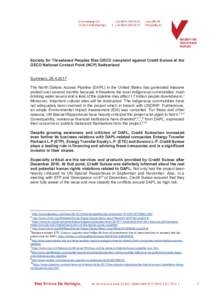 Society for Threatened Peoples files OECD complaint against Credit Suisse at the OECD National Contact Point (NCP) Switzerland Summary, The North Dakota Access Pipeline (DAPL) in the United States has generated