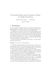 The Modular Degree and the Congruence Number of a Weight 2 Cusp Form Alina Carmen Cojocaru