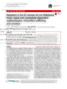 Mutations in the D1 domain of von Willebrand factor impair their propeptide-dependent multimerization, intracellular trafficking and secretion