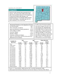 SANTA FE COUNTY  Demographics                    Santa Fe County includes the incorporated city of    Santa Fe.  The County totals 1,909.4 square miles,  with a 2010 population 