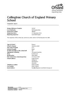 Collingtree Church of England Primary School Inspection report Unique Reference Number Local Author ity Inspect ion number