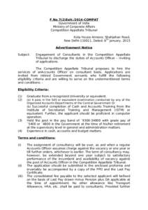 F.No.7(2)Estt[removed]COMPAT Government of India Ministry of Corporate Affairs Competition Appellate Tribunal Kota House Annexe, Shahjahan Road, New Delhi[removed], Dated: 6th January, 2015