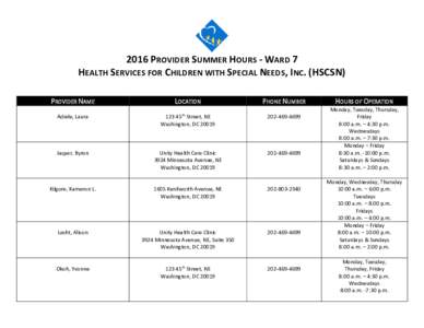 2016 PROVIDER SUMMER HOURS - WARD 7 HEALTH SERVICES FOR CHILDREN WITH SPECIAL NEEDS, INC. (HSCSN) PROVIDER NAME LOCATION