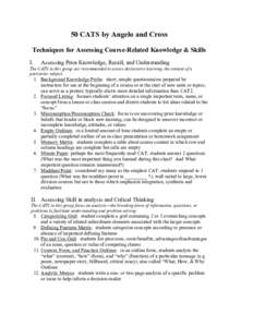 50 CATS by Angelo and Cross Techniques for Assessing Course-Related Knowledge & Skills I. Assessing Prior Knowledge, Recall, and Understanding