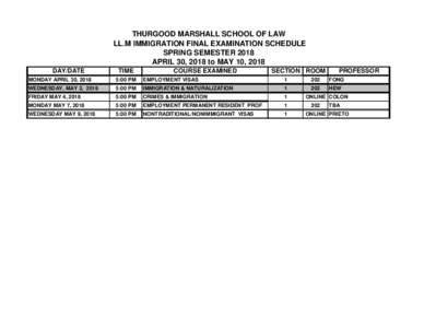 THURGOOD MARSHALL SCHOOL OF LAW LL.M IMMIGRATION FINAL EXAMINATION SCHEDULE SPRING SEMESTER 2018 APRIL 30, 2018 to MAY 10, 2018 DAY/DATE