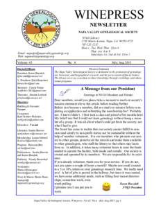 WINEPRESS NEWSLETTER NAPA VALLEY GENEALOGICAL SOCIETY Email:  Web: napavalleygenealogy.org