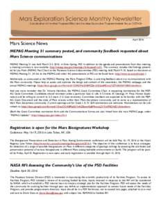 Mars Science News  April 2016 MEPAG Meeting 31 summary posted, and community feedback requested about Mars Science communications