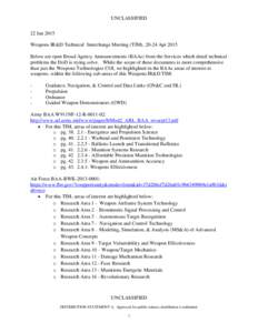 UNCLASSIFIED 22 Jan 2015 Weapons IR&D Technical Interchange Meeting (TIM), 20-24 Apr 2015 Below are open Broad Agency Announcements (BAAs) from the Services which detail technical problems the DoD is trying solve. While 