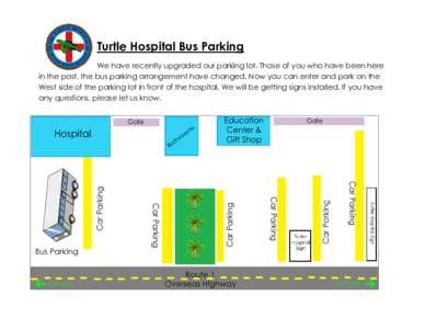 Turtle Hospital Bus Parking We have recently upgraded our parking lot. Those of you who have been here in the past, the bus parking arrangement have changed. Now you can enter and park on the West side of the parking lot