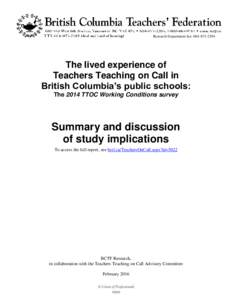 Research Department fax: The lived experience of Teachers Teaching on Call in British Columbia’s public schools: The 2014 TTOC Working Conditions survey