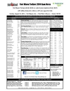FORT WAYNE TINCAPS 2014 GAME NOTES Fort Wayne TinCaps[removed], [removed]vs. Lake County Captains[removed], [removed]LHP Jeffery Enloe (4-3, 2.38) vs. LHP Luis Lugo (5-9, 5.62) Sunday, August 10, 2014 — Fort Wayne, Ind. — Fi