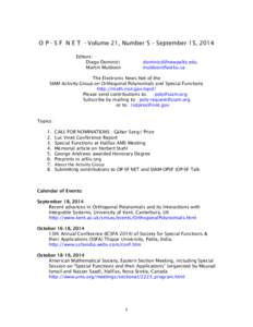    O P - S F N E T - Volume 21, Number 5 – September 15, 2014 Editors: Diego Dominici Martin Muldoon