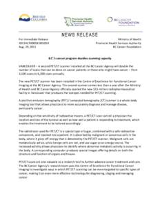 NEWS RELEASE For Immediate Release 2011HLTH0059[removed]Aug. 29, 2011  Ministry of Health