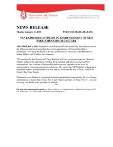 NEWS RELEASE Monday January 31, 2011 FOR IMMEDIATE RELEASE  NAN EXPRESSES OPTIMISM IN ANNOUNCEMENT OF NEW