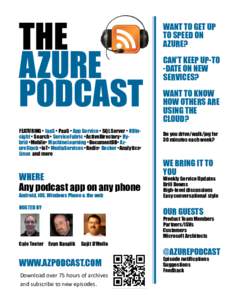 THE AZURE PODCAST FEATURING • IaaS • PaaS • App Service • SQL Server • HDInsight • Search • ServiceFabric •ActiveDirectory• Hybrid •Mobile• MachineLearning •DocumentDB• AzureStack •IoT• Medi