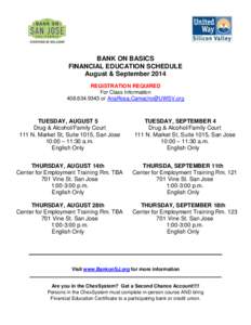 BANK ON BASICS FINANCIAL EDUCATION SCHEDULE August & September 2014 REGISTRATION REQUIRED For Class Information[removed]or [removed]