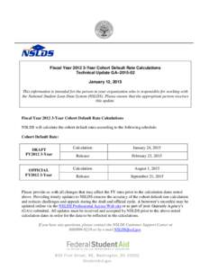 Fiscal YearYear Cohort Default Rate Calculations Technical Update GA–January 12, 2015 This information is intended for the person in your organization who is responsible for working with the National St
