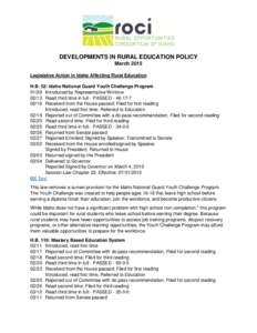 DEVELOPMENTS IN RURAL EDUCATION POLICY March 2015 Legislative Action in Idaho Affecting Rural Education H.B. 52: Idaho National Guard Youth Challenge ProgramIntroduced by Representative WintrowRead third ti