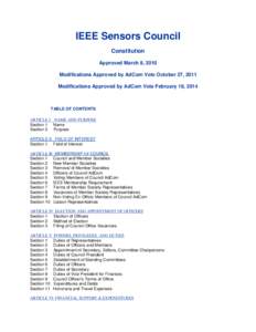 IEEE Sensors Council Constitution Approved March 8, 2010 Modifications Approved by AdCom Vote October 27, 2011 Modifications Approved by AdCom Vote February 18, 2014
