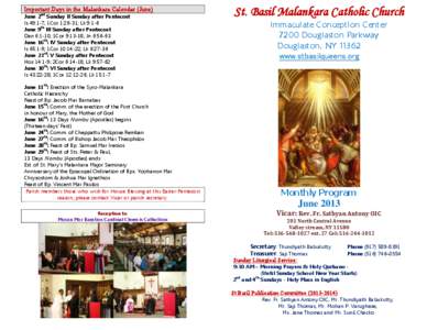 Important Days in the Malankara Calendar (June) nd June 2 Sunday II Sunday after Pentecost Is 49:1-7; 1Cor 1:26-31; Lk 9:1-6 th