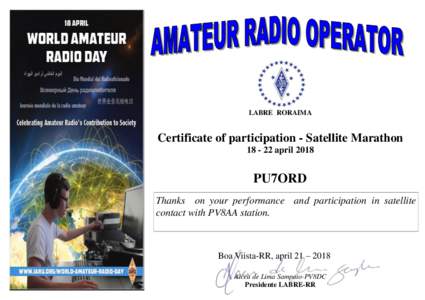 LABRE RORAIMA  Certificate of participation - Satellite MarathonaprilPU7ORD