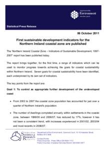 Statistical Press Release  06 October 2011 First sustainable development indicators for the Northern Ireland coastal zone are published