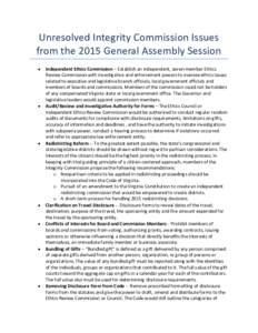 Unresolved Integrity Commission Issues from the 2015 General Assembly Session  