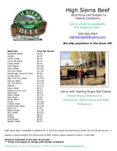 S  High Sierra Beef 2018 Price List*Subject to Market Conditions Call or email for availability