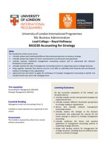 University of London International Programmes BSc Business Administration Lead College – Royal Holloway BA3230 Accounting for Strategy