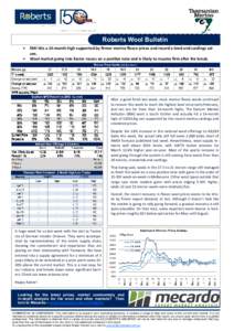 Roberts Wool Bulletin • • EMI hits a 14-month high supported by ﬁrmer merino ﬂeece prices and record x-bred and cardings values. Wool market going into Easter recess on a posi!ve note and is likely to resume ﬁr