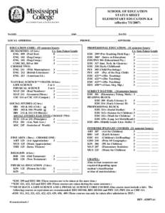 SCHOOL OF EDUCATION STATUS SHEET ELEMENTARY EDUCATION K-6 (effective[removed]NAME: ________________________________________SS#:_______________________________DATE: ___________________