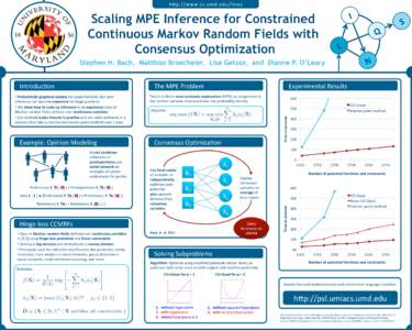 h0p://www.cs.umd.edu/linqs	    Scaling MPE Inference for Constrained Continuous Markov Random Fields with Consensus Optimization Stephen H. Bach, Matthias Broecheler, Lise Getoor, and Dianne P. O’Leary