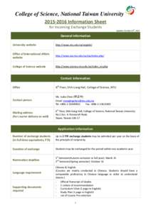 College of Science, National Taiwan UniversityInformation Sheet for Incoming Exchange Students th