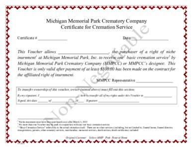 Michigan Memorial Park Crematory Company Certificate for Cremation Service Certificate # _______________ Date ___________________